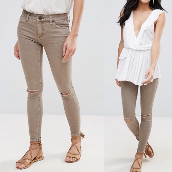 Free People Denim - Free People • Tan Ripped Knee Jeans